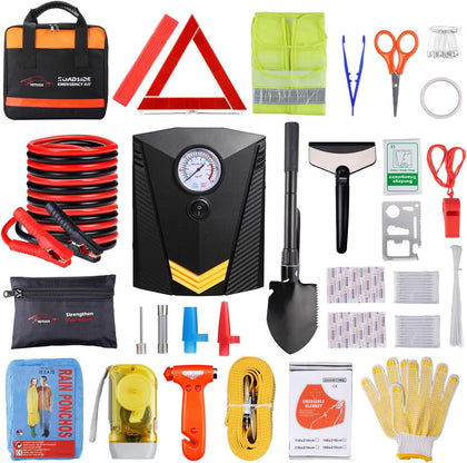 Car Roadside Emergency Kit with Jumper Cables, Auto Vehicle Safety Road Side Assistance Kits, Winter Car Kit Essentials for Women and Men, with Portable Air Compressor, Folding Survival Shovel